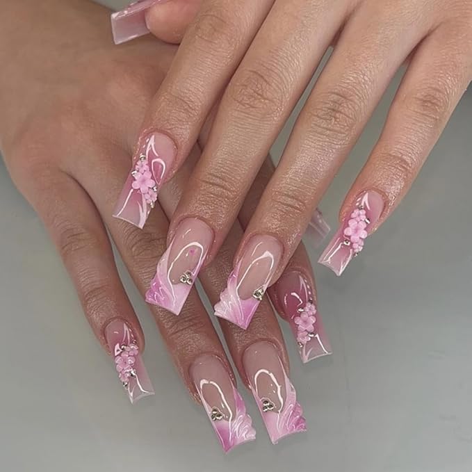 Medium Press on Nails Coffin - Pink Fake Nails with Floral Charms Design - Spring, French Tip False Nails for Women - 24 Pcs