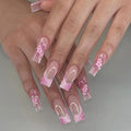 Medium Press on Nails Coffin - Pink Fake Nails with Floral Charms Design - Spring, French Tip False Nails for Women - 24 Pcs