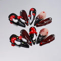 Thick Press on Nails Long Almond Handmade Nails Black Fake Nails with Glue,Cute 3D Mushroom and Flowers Art False Nails with Design Extra Long Halloween Nails Nature Stick on Nail for Wome (Size S)