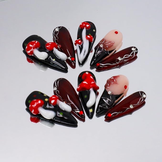 Thick Press on Nails Long Almond Handmade Nails Black Fake Nails with Glue,Cute 3D Mushroom and Flowers Art False Nails with Design Extra Long Halloween Nails Nature Stick on Nail for Wome (Size S)