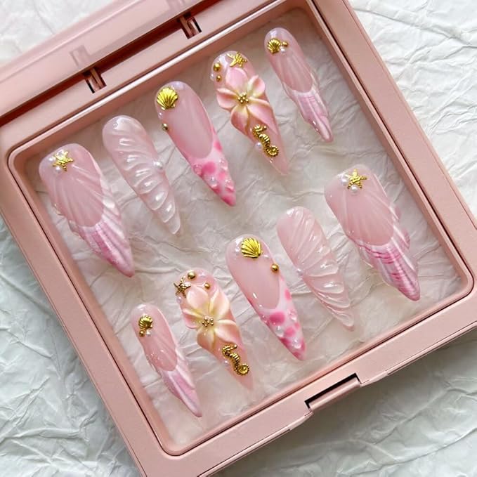 10Pcs Press On Nails - MAGLFELL Handmade Stiletto Pink Fake Nails, 3D Pink Carved Flower, and Gold Plated Accessories Design, Reusable Artificial False Nails for Women Acrylic Nails Kit (Size M)