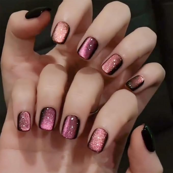 Cat Eye Purple Press On Nails Short Square, Designer Reusable Acrylic Fake Nails with Glue, Glossy Soft Gel Nails Wedding and Party, Stick On Glue On Nails, Nails Press Ons fro Women