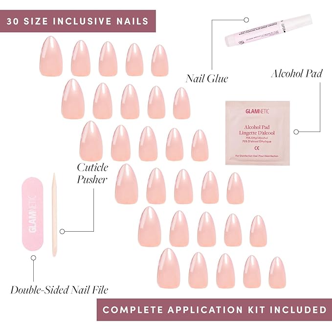 Glamnetic Press On Nails - Los Angeles Fake Nails | Solid Opaque Blush Nude Pink Short Almond Nails in Glazed Finish, Salon Quality | 15 Sizes - 30 Nail Kit with Glue