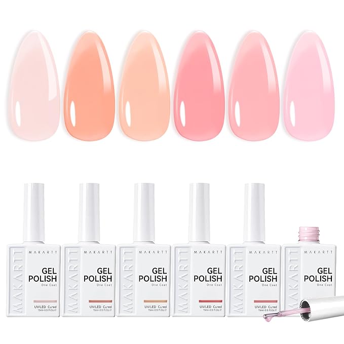 Makartt Jelly Nude Pink Gel Nail Polish Set: 6 Colors Neutral Jelly Nail Polish Kit 15ML One N'Done Sheer Translucent Effect Soak Off UV LED Nail Art Manicure Gift for Women