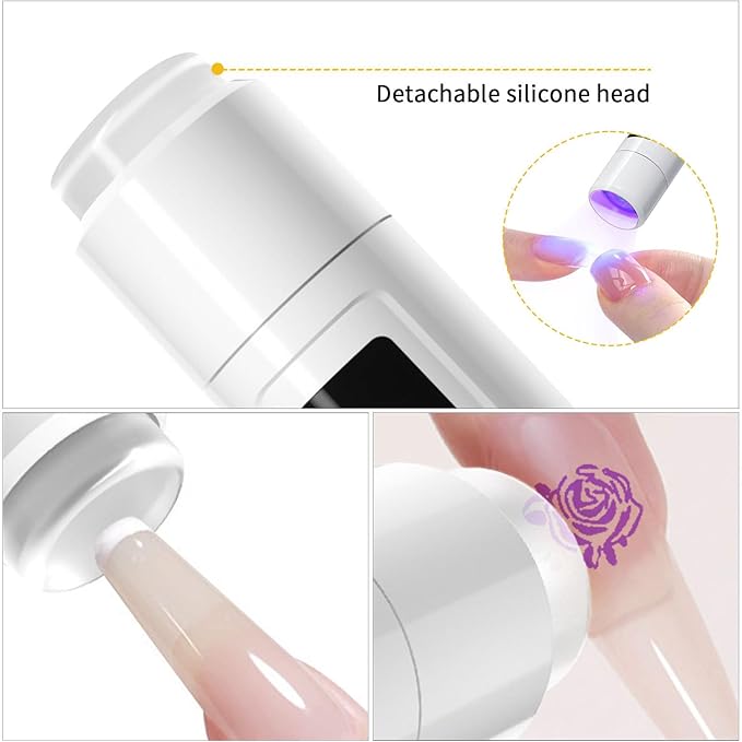 Handheld UV Light with Nail Stamper Head, 3W Portable LED Nail Lamp, Wireless Rechargeable USB Nail Dryer with Silicone Stamper, LCD Display Screen for Fast Curing Home DIY Manicure White