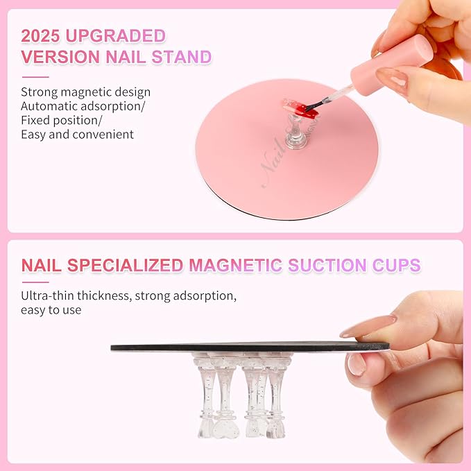 ANGNYA Nail Stand for Press Ons,Round Shape Super Magnetic Base Nail Holder for Painting Nails with 200 Pcs Reusable Double-Sided Tape for Nails Practice Nail Tools Home DIY Salon Supplies