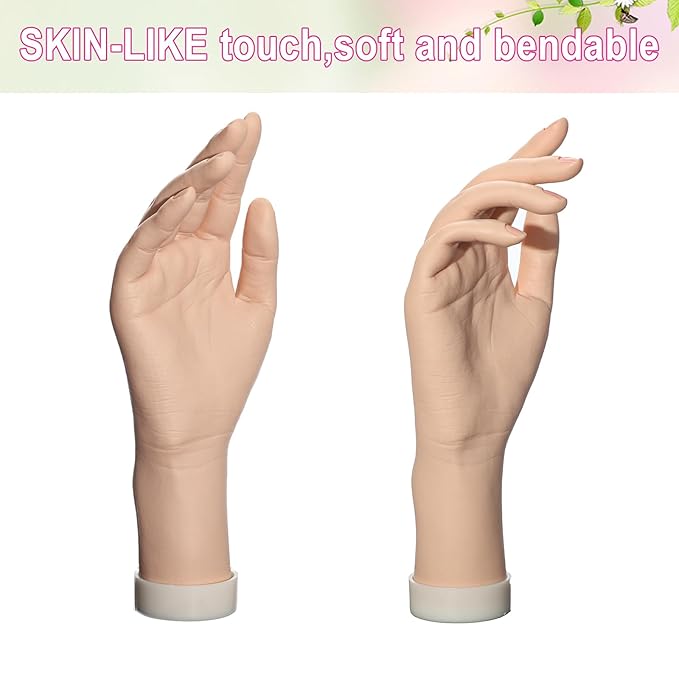 Practice Hand for Acrylic Nails Realistic Mannequin Hand for Nails Practice Soft Flexible Bendable False Fake Nail Hand Art Trainer Manicure Practice Hand Tool and Rings Display of Bracelets (Right)