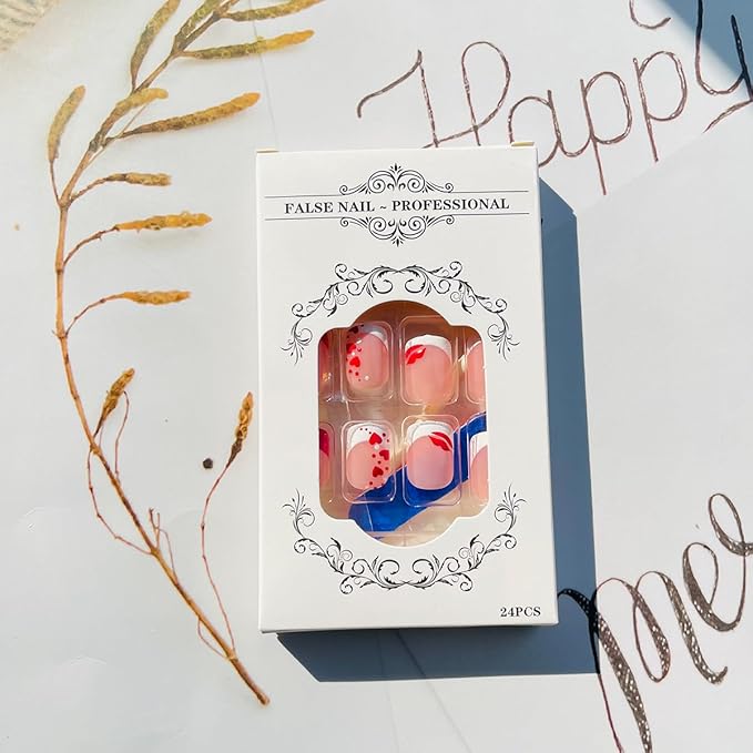 24Pcs Heart Press on Nails Valentines Day French Tip Fake Nails Short Square Petite Acrylic Nails with Heart Red Lips Design Valentines Glue on Nails Glossy Artificial False Nails for Women and Girls