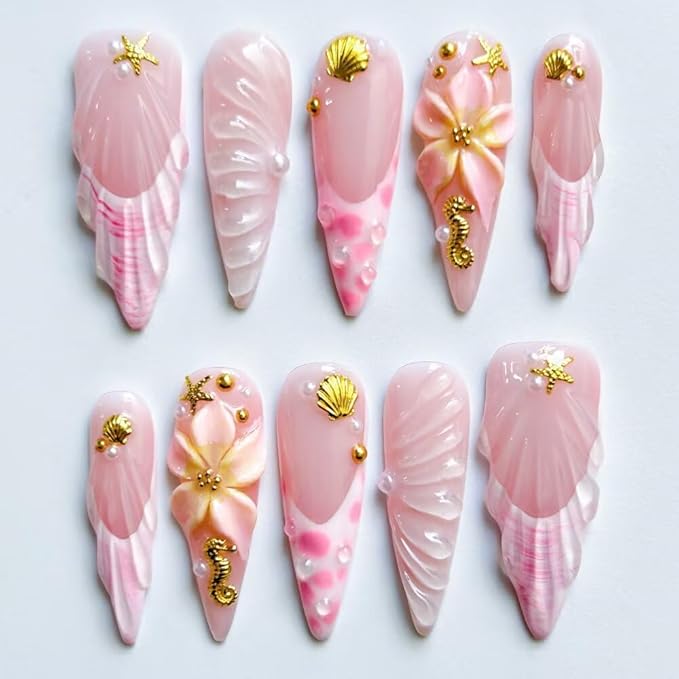 10Pcs Press On Nails - MAGLFELL Handmade Stiletto Pink Fake Nails, 3D Pink Carved Flower, and Gold Plated Accessories Design, Reusable Artificial False Nails for Women Acrylic Nails Kit (Size L)