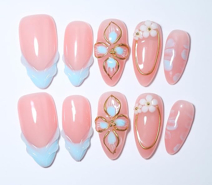 10 Medium Almond Handmade Press On Nails | Light Pink & Baby Blue Ombre Fake Nails with 3D Floral, Gold Rim & Marble Accents | Reusable, Easy Apply Salon Quality (251218, S)