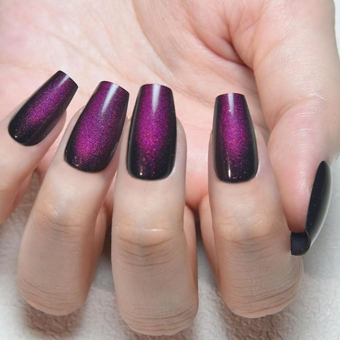 evpct Dark Purple Cat Eye Coffin Press on Nails Square Medium, Medium Square Stick on Nail for Women Gift, Dark Purple Metallic Glitter Glossy Reusable Soft Gel Press on Acrylic Fake Nail with Design