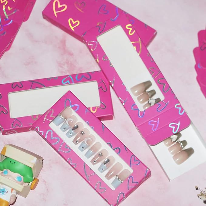 74PCS Press on Nails Packaging Box Set Includes 35PCS Empty Nail Package Box 35PCS White Background Paper 1 Double Sided Tape and 3 Thank You Stickers for Press on Nail Business