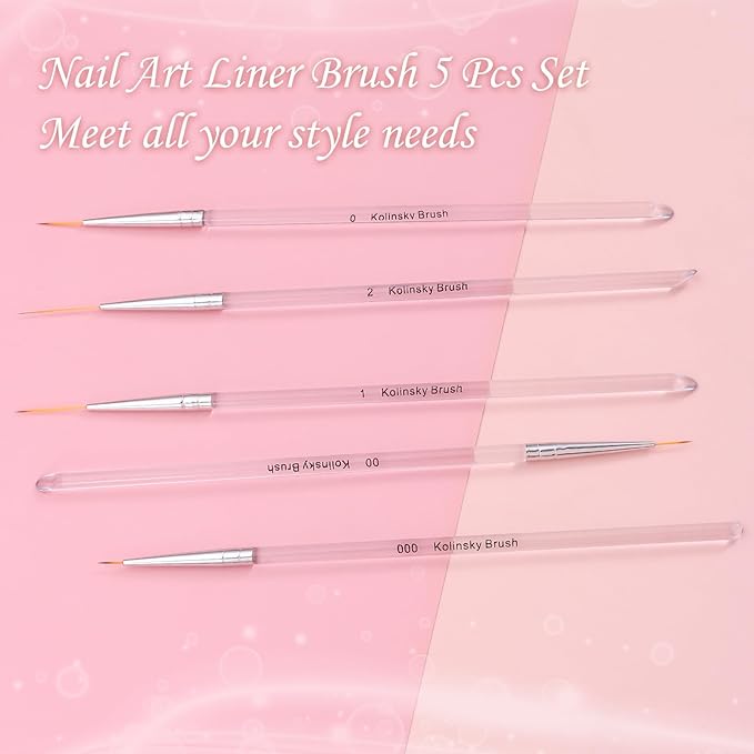 5Pcs Nail Art Liner Brushes Set, Manicure Brush Fine Drawing Thin Lines Painting Details Striping Design For Gel Polish Dotting Pen Transparent Handle Home DIY, 6/9/12/18/24mm