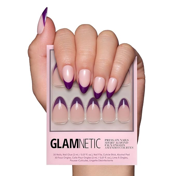 Glamnetic Press On Nails - Plum | Semi-Transparent Dark Purple French Tip Short Almond Fake Nails in a Glossy Finish, Salon Quality | 15 Sizes - 30 Nail Kit