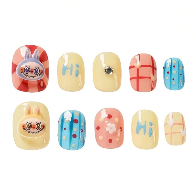 Cartoon Press on Nails Extra Short Square - 3D Cute Charms Design, Colorful Mini Figure False Nails for Women and Girls (Cartoon-B,M)