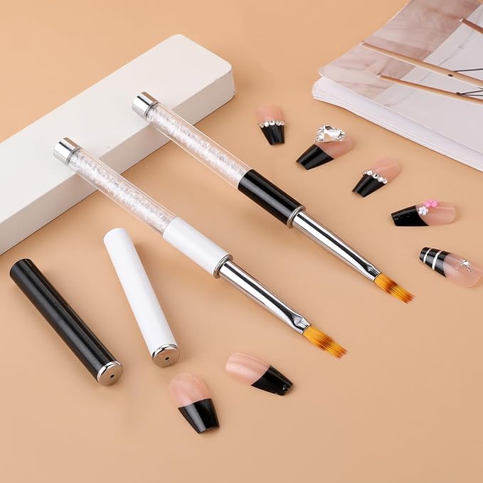 2 Pcs Nail Gradient Painting Brush Nail Art Brushes Ombre Nail Brush Manicure Tools with Rhinestone Handle UV Gel Polish Nail Drawing Pen for Nail Design
