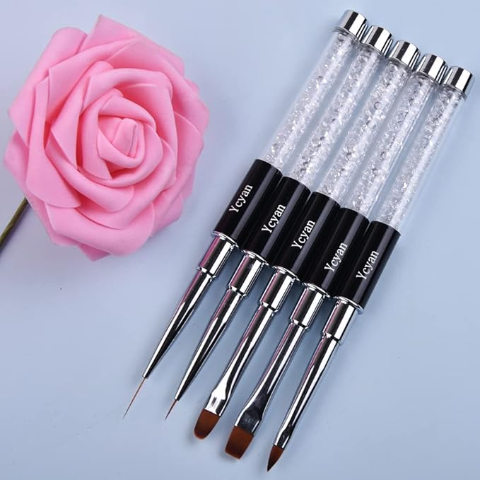 5Pcs Nail Art Brush Set Rhinestone Handle Gel Polish Nail Art Design Brushes for Salon and Home DIY Manicure