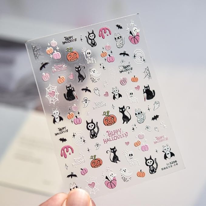 Halloween Nail Stickers 5D Embossed Ghost Nail Supplies 3D Self-Adhesive Pumpkin Nail Decals Cat Nails Designs Spider Web Skeleton Nails Decoration Accessories for Women Girls DIY Manicure 1 Sheet