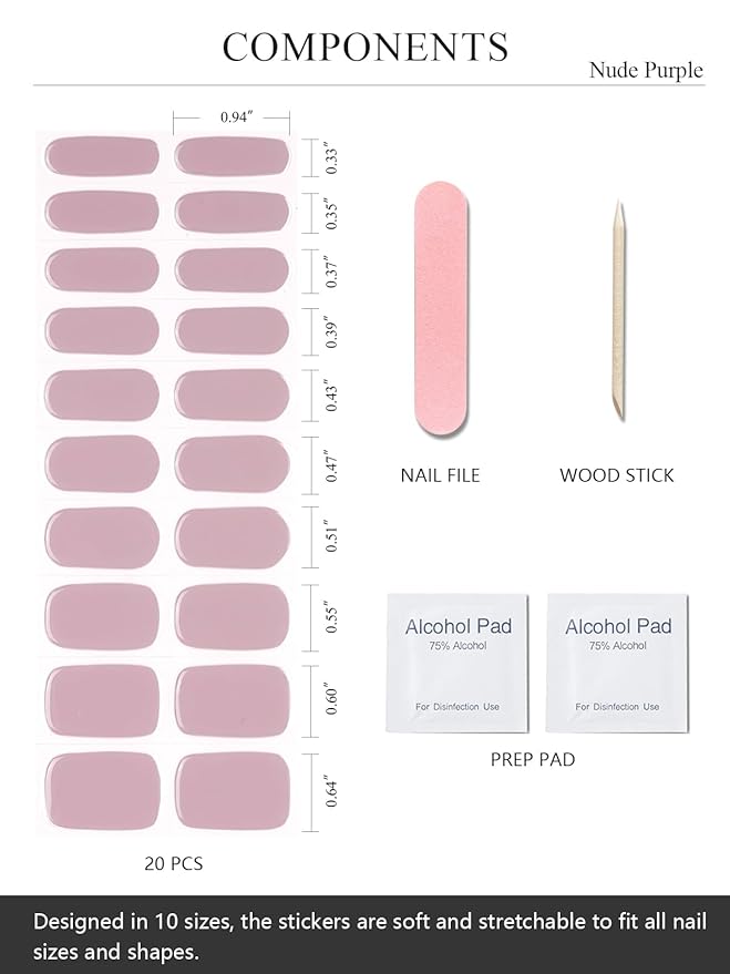 Semi Cured Gel Nail Strips (Nude Purple), 20 Pcs Gel Nail Wraps, Stickers, UV Light Required, Salon Quality, Long Lasting
