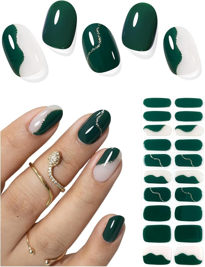Semi Cured Gel Nail Strips (Green Line), 20 Pcs Gel Nail Wraps, Stickers, UV Light Required, Salon Quality, Long Lasting