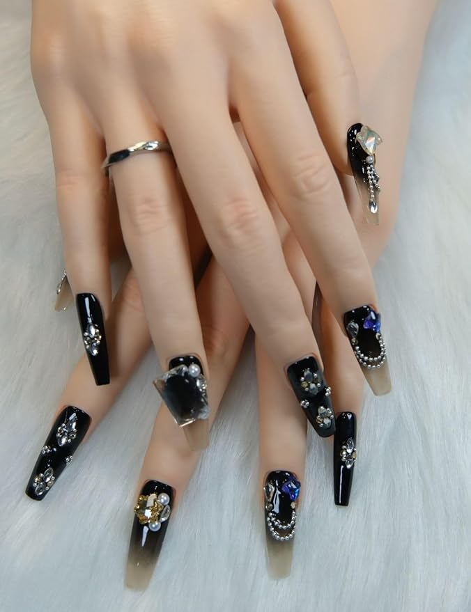 Press On Nails Medium Fake Nails Handmade Coffin False Nails Black Flower Diamond 3d Hand-Painted Nail Charms, Acrylic Nail Kit Glue On Nails,Reusable Stick on Nails for Women 10pcs S