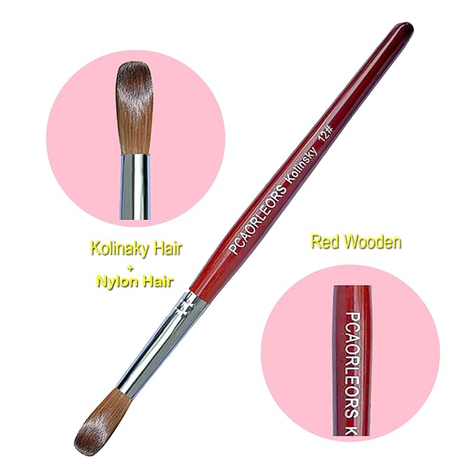 Acrylic Nail Brush with Pure Kolinsky Sable Hair and Red Wood Hand, Round/Flat Professional Gel Brush for Acrylic Power and Nail Extension Size #8,10,12 (#8)