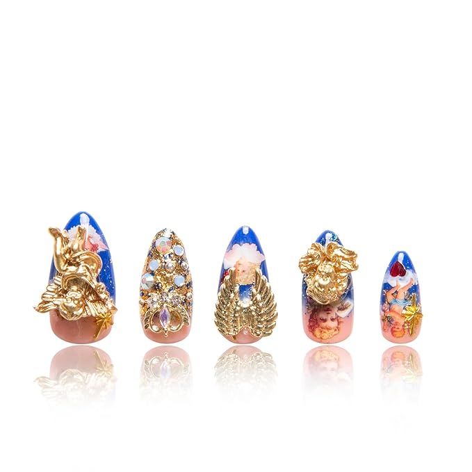 LOVFUL Press on Nails The Palace of Murals Blue French Tip | Handmade with Full Covered Crystals | Reusable Fake Nails | Almond Regular 1.0 in | H174-S