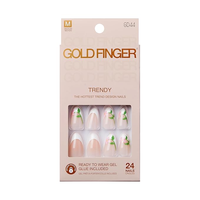 GoldFinger 24 Pcs Press On Nails, Medium Almond Fake Nails, Flower French Tip Gel Stick On Extensions, Reusable Full Cover False Nail Kit with Glue, Manicure Stick & File, 7 Day Long Lasting Wear