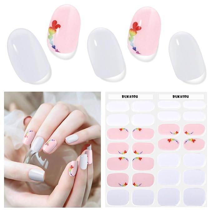 Semi Cured Gel Nail Strips, 28 pcs Gel Nail Stickers, Work with Any UV Lights, Long-Lasting Nail Wraps, Stick on Nails for women Easy to Apply & Remove