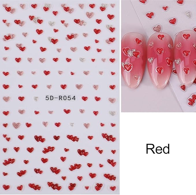 4 Sheets Valentines Nail Stickers - Embossed Heart Nail Art Decals - Self Adhesive Little Hearts Stickers for Nails,Vday DIY Manicure Decorations for Women