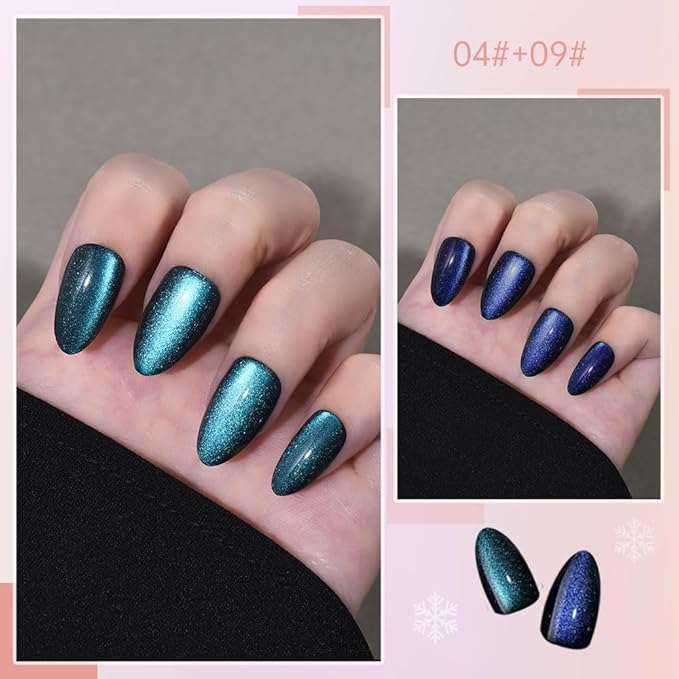 Cat Eye Press on Nails Short Almond, Sapphire Blue & Royal Blue Press on Nails Almond, Fashion Gel Fake Nails, Reusable Acrylic Fake Nails, Glossy Stick on Nails for Women, Glue on Nails Kit.