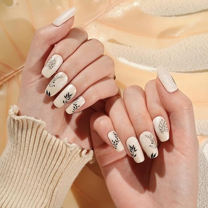 Semi-Cured Gel Nail Strips - 20 Salon-Quality Gel Sticker with UV Light Required, Long Lasting, Easy Application & Removal, Includes Prep Pad, Nail File, Wooden Stick (Latte Leaves)