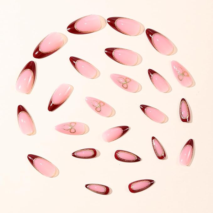 24Pcs Almond Press on Nails Medium French Tip Fake Nails Glitter Gold Bow Glue on Nails Nude Pink Full Cover False Nails Glossy French Acrylic Nails Cute Artificial Stick on Nails for Women Manicure