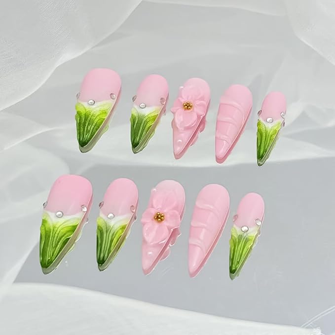 Almond Press on Nails Long Handmade Nails with Glue,Green French False Nails with Luxury Rhinestone 5D Flower Art Design Pink Nail Press ons Muti-Layer Gel Handmade False Nails for Women (Size S)