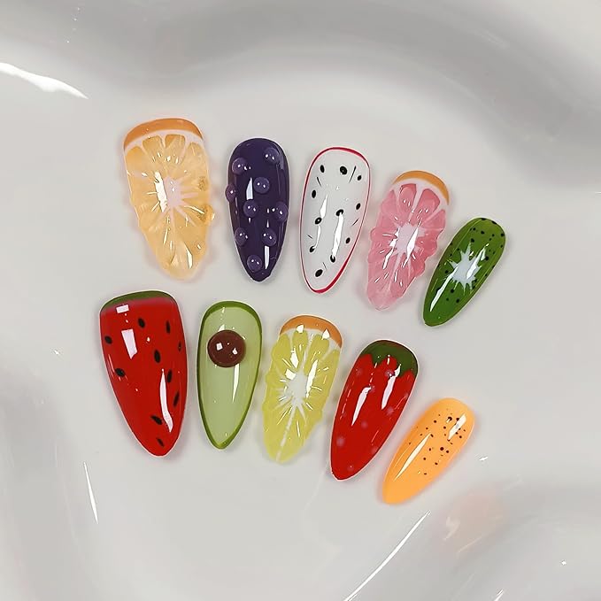 Summer Fruit Press on Nails - Vibrant Almond Shaped Fake Nails with Kiwi, Watermelon & Avocado Designs | Reusable Colorful Nail Art for Women | Tropical Fruit Manicure Set (Medium Length,XS)