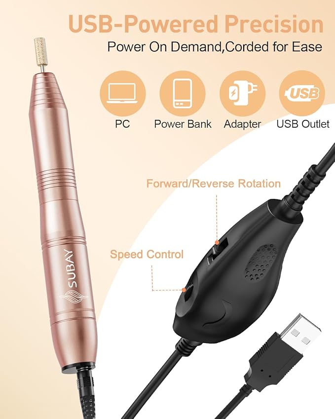 Subay Electric Nail File, Nail Drill Machine for Acrylic Gel Nails, Portable USB Nail Drill Kit Set with 6 Nail Drill Bits & 26 Sanding Bands for Home and Salon Use - Gold