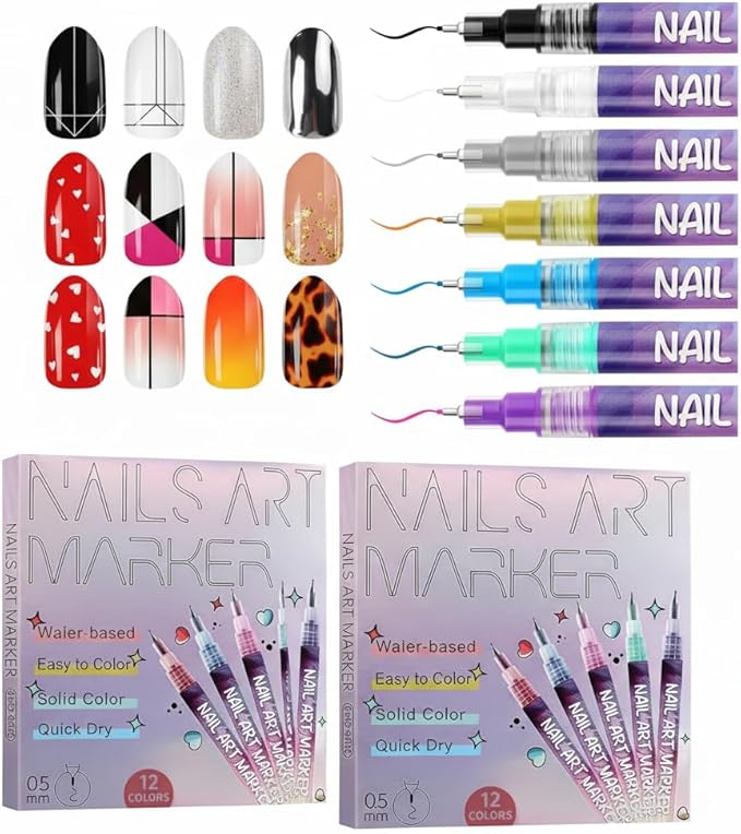 12 Colors Nail Art Pens & Nail Markers Set, 0.5mm Ultra-Fine Tip Acrylic Paint for Nail Painting & DIY Manicure, Water-Based Quick Dry Design Tools, Easy for Everyone, Easter Basket Stuffers (24PCS)