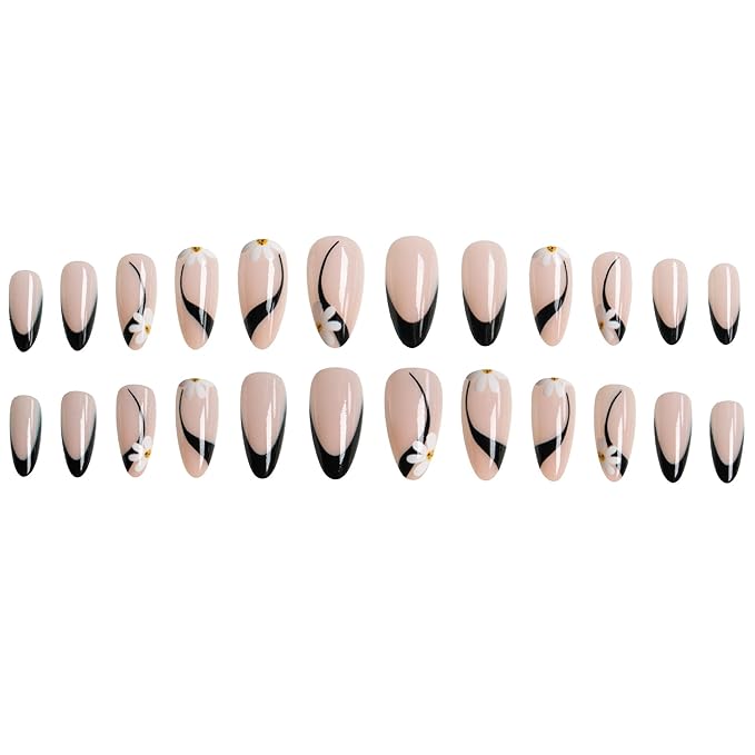 Black French Tip Press on Nails Medium Almond Fake Nails Full Cover False Nails White Daisy Flower Glue on Nails Glossy Acrylic Nail Black Line Stick on Nail for Women Girls 24Pcs