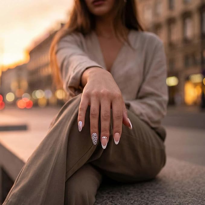 French Tips Press on Nails White with Drill Leopard Print Almond Fake Nails Nude Medium Length False Nails with Designs Full Cover Print Glitter Acrylic Glue on Nails for Women 24 Pcs