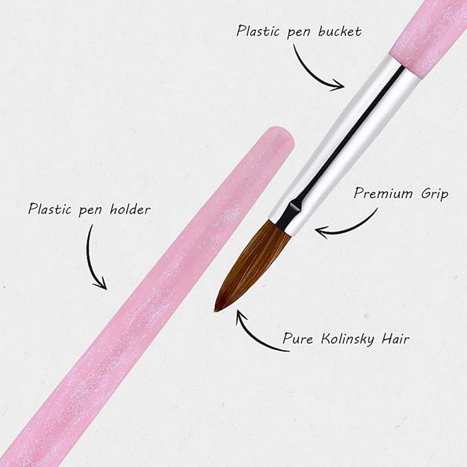 Acrylic Nail Brush Size 8#, 100% Pure Kolinsky Hair Acrylic Crystal Pink with Silver Ferrule Round Shaped for Women Girls Manicure Tools Accessories