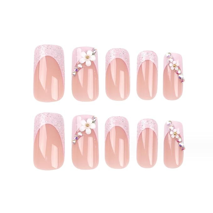Hkanlre French Square Press on Nails Medium Fake Nails Tips Full Cover Flower False Pink Nails for Women and Girls 24PCS