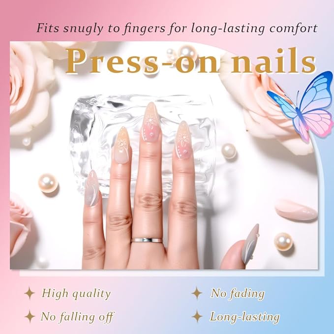 3D Press on Nails Medium Almond with Streamline Floral Design, Nude Pink Blue Ombre Nail Press ons Glossy Stick on Nails for Women Reusable with Kit, Stick on Cute Fake Nail with Designs Perfectly Fit