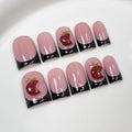 Handmade Press on Nails 3D Red Fruit Designs Short Square Shape False Nail Black French Tips Acrylic Nails Muti-Layer Gel Thicked False Nails Full Cover Stick on Nail for Women (Size M)