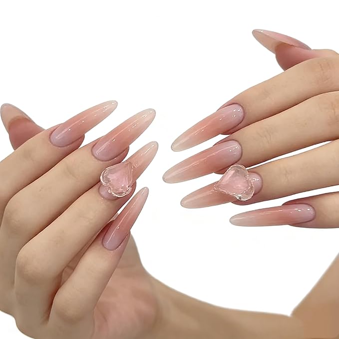 3D Heart Diamonds Press On Nails for Women-Long Almond Nude Pink Fake Nails,30pcs Reusable False Nails with Jelly Glue for Prom, Wedding&Daily Wear