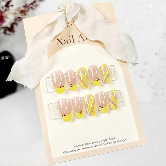 Short Oval Press On Nails, Spring Summer Nails for Women, Yellow French Tips Press On Nals, Designer Reusable Acrylic Fake Nails with Glue On Nails,Stick On Nails for Women 30 Pcs