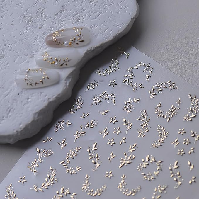 2Sheets Valentine's Day Floral Nail Art Stickers, Metallic Golden Leaves Dried Flowers Design Nail Decals