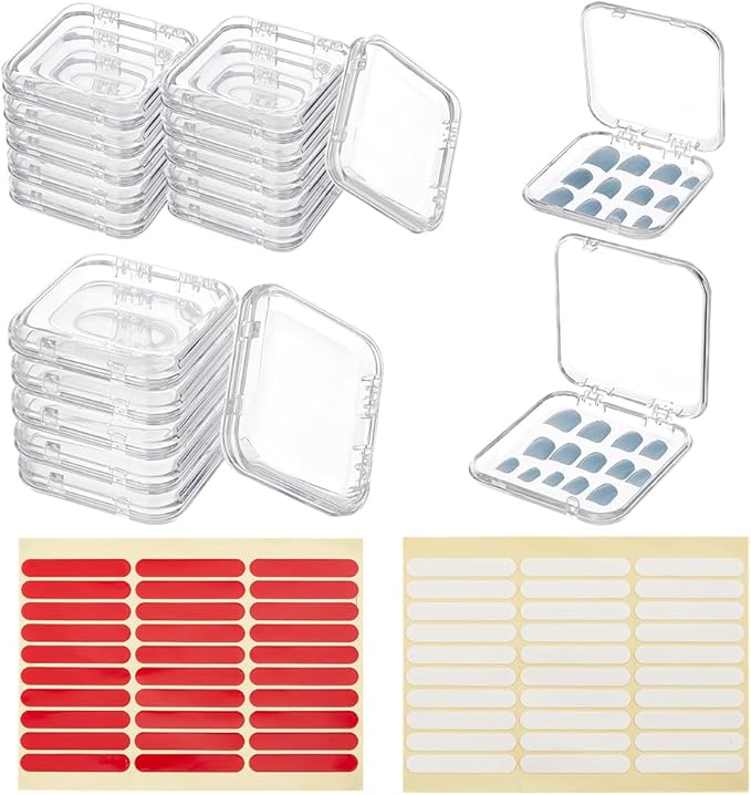 BENECREAT 20Pcs 2 Sizes Press On Nail Storage Box with 2 Sheets Double Sided Adhesive Tape, Clear Artificial Nail Display Storage Boxes Display Packing Box for Nail Salon