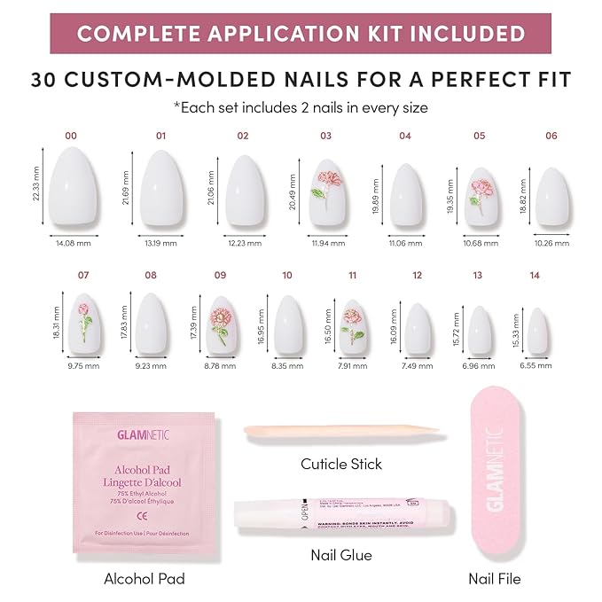 Valentines Day Glamnetic Press On Nails - Floral Glow | Short Almond Fake Nails in Milky White Base with 3D Rose Designs in a Glossy Finish, Salon Quality | 15 Sizes - 30 Nail Kit with Glue