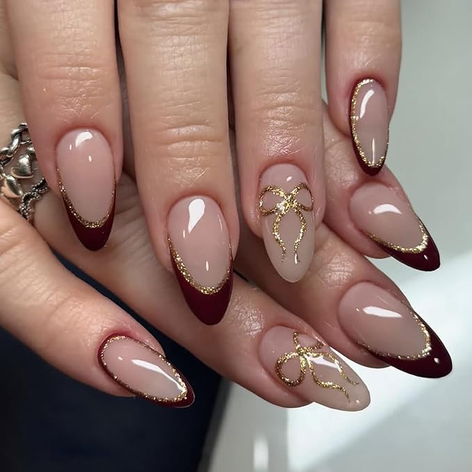 24Pcs Almond Press on Nails Medium French Tip Fake Nails Glitter Gold Bow Glue on Nails Nude Pink Full Cover False Nails Glossy French Acrylic Nails Cute Artificial Stick on Nails for Women Manicure