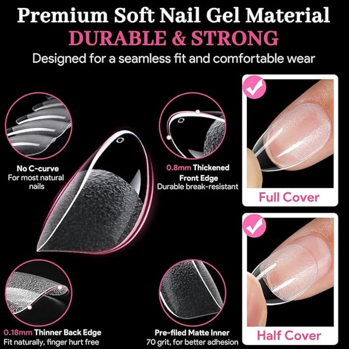 Short Oval Fake Nail Tips - 15 Sizes 240 PCS Clear Half Matte Press On False Nail Tips Pre-shaped Soft Full Cover Gel Nail Tips Extensions Thick Long Lasting for DIY Beginners & Salon Manicure